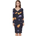 Cosmos Rockets Spaceships Ufos Long Sleeve V-Neck Bodycon Dress  View1