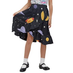 Cosmos Rockets Spaceships Ufos Kids  Ruffle Flared Wrap Midi Skirt by Cowasu