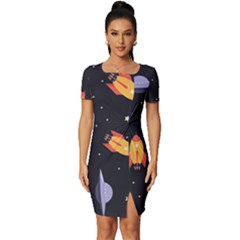 Cosmos Rockets Spaceships Ufos Fitted Knot Split End Bodycon Dress by Cowasu