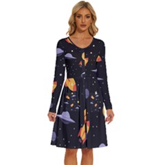 Cosmos Rockets Spaceships Ufos Long Sleeve Dress With Pocket by Cowasu