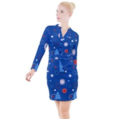 Christmas Pattern Tree Design Button Long Sleeve Dress by Cowasu