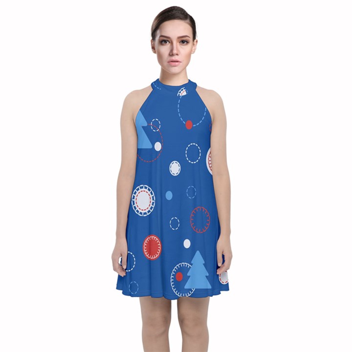 Christmas Pattern Tree Design Velvet Halter Neckline Dress 