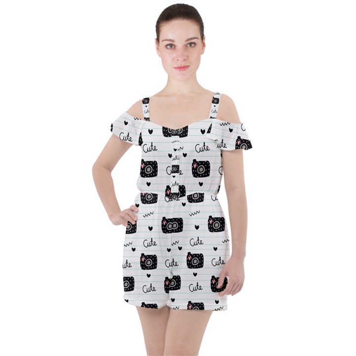 Cute Cameras Doodles Hand Drawn Ruffle Cut Out Chiffon Playsuit