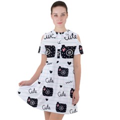 Cute Cameras Doodles Hand Drawn Short Sleeve Shoulder Cut Out Dress  by Cowasu