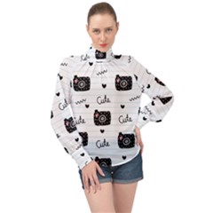 Cute Cameras Doodles Hand Drawn High Neck Long Sleeve Chiffon Top by Cowasu