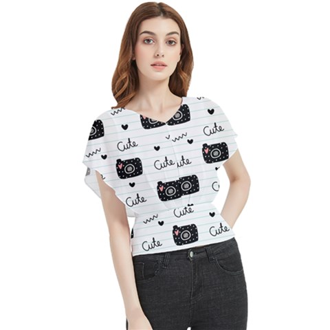 Cute Cameras Doodles Hand Drawn Butterfly Chiffon Blouse by Cowasu