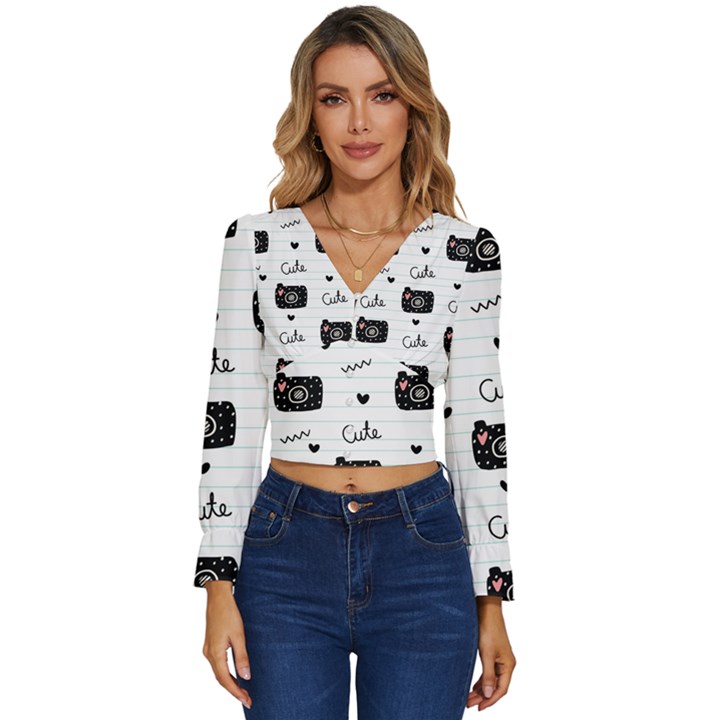 Cute Cameras Doodles Hand Drawn Long Sleeve V-Neck Top