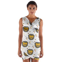 Lion Heads Pattern Design Doodle Wrap Front Bodycon Dress by Cowasu