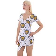 Lion Heads Pattern Design Doodle Short Sleeve Asymmetric Mini Dress