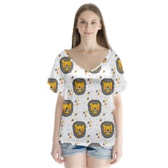 Lion Heads Pattern Design Doodle V-neck Flutter Sleeve Top by Cowasu