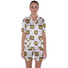 Lion Heads Pattern Design Doodle Satin Short Sleeve Pajamas Set by Cowasu