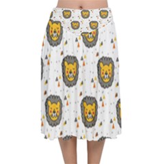 Lion Heads Pattern Design Doodle Velvet Flared Midi Skirt by Cowasu