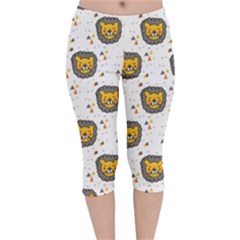 Lion Heads Pattern Design Doodle Velvet Capri Leggings  by Cowasu