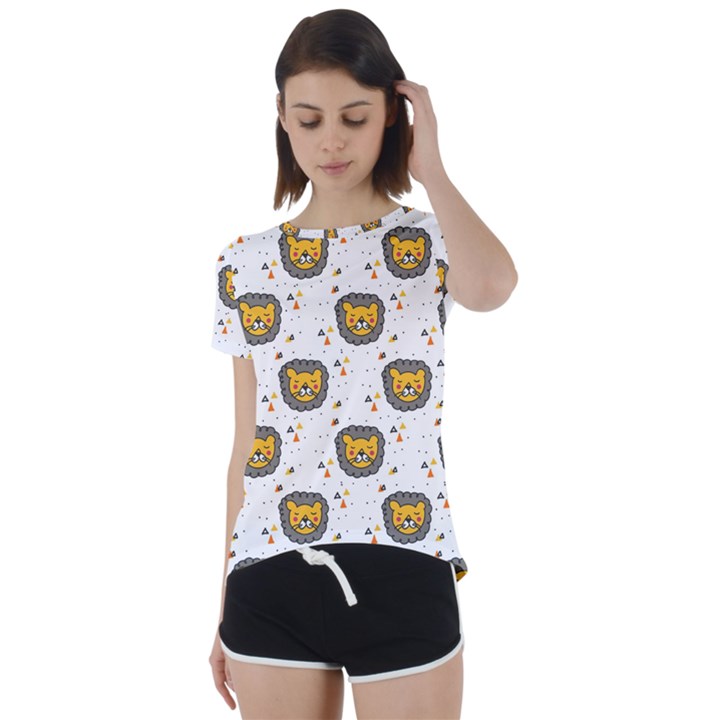 Lion Heads Pattern Design Doodle Short Sleeve Open Back Tee