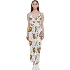 Lion Heads Pattern Design Doodle V-neck Spaghetti Strap Tie Front Jumpsuit by Cowasu