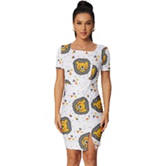 Lion Heads Pattern Design Doodle Fitted Knot Split End Bodycon Dress by Cowasu