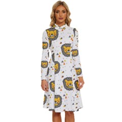 Lion Heads Pattern Design Doodle Long Sleeve Shirt Collar A-line Dress