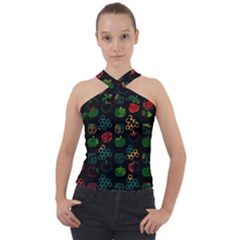 Apples Honey Honeycombs Pattern Cross Neck Velour Top