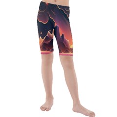 Fire Flame Burn Hot Heat Light Burning Orange Kids  Mid Length Swim Shorts by Cowasu