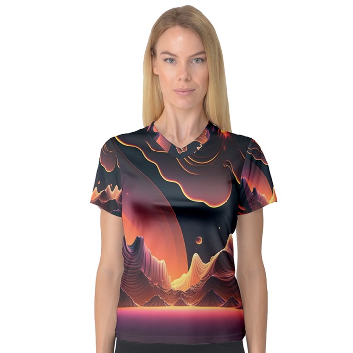 Fire Flame Burn Hot Heat Light Burning Orange V-Neck Sport Mesh Tee