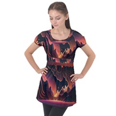 Fire Flame Burn Hot Heat Light Burning Orange Puff Sleeve Tunic Top by Cowasu