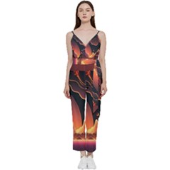 Fire Flame Burn Hot Heat Light Burning Orange V-neck Spaghetti Strap Tie Front Jumpsuit by Cowasu