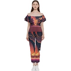 Fire Flame Burn Hot Heat Light Burning Orange Off Shoulder Ruffle Top Jumpsuit