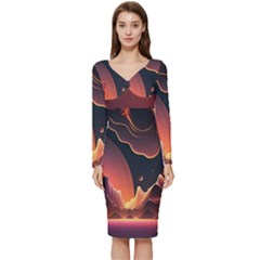 Fire Flame Burn Hot Heat Light Burning Orange Long Sleeve V-neck Bodycon Dress  by Cowasu