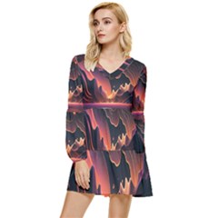 Fire Flame Burn Hot Heat Light Burning Orange Tiered Long Sleeve Mini Dress by Cowasu