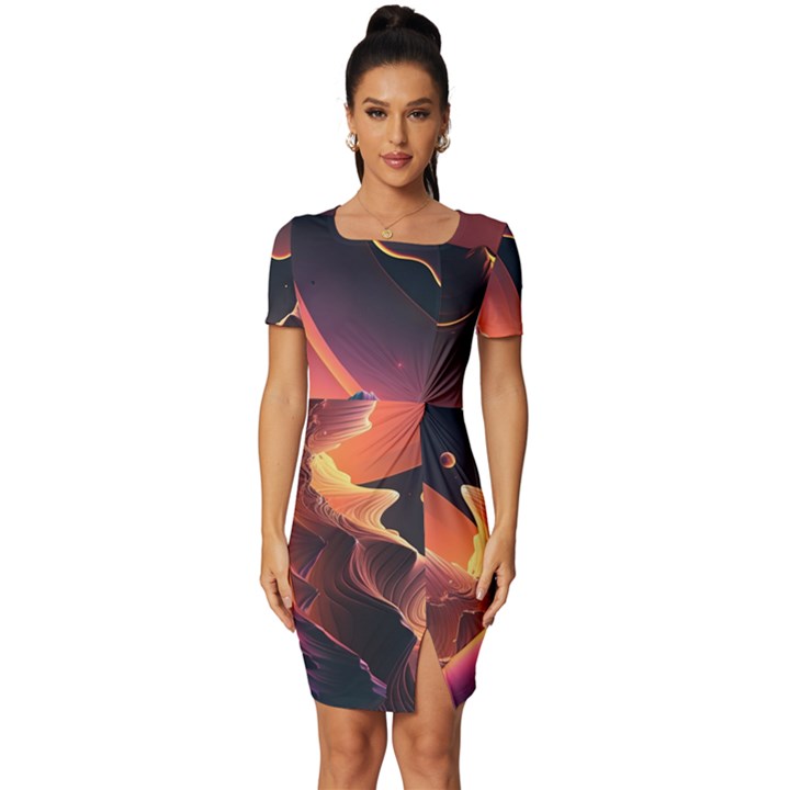 Fire Flame Burn Hot Heat Light Burning Orange Fitted Knot Split End Bodycon Dress