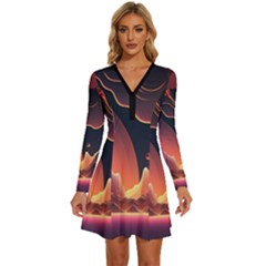 Fire Flame Burn Hot Heat Light Burning Orange Long Sleeve Deep V Mini Dress  by Cowasu