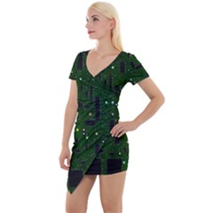 Circuit Board Conductor Tracks Short Sleeve Asymmetric Mini Dress by Cowasu