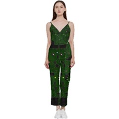 Circuit Board Conductor Tracks V-neck Spaghetti Strap Tie Front Jumpsuit by Cowasu