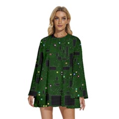 Circuit Board Conductor Tracks Round Neck Long Sleeve Bohemian Style Chiffon Mini Dress by Cowasu