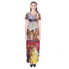 New York Skyline Manhattan City Short Sleeve Maxi Dress by Cowasu