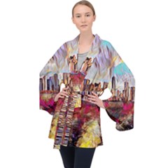 New York Skyline Manhattan City Long Sleeve Velvet Kimono  by Cowasu