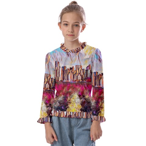 New York Skyline Manhattan City Kids  Frill Detail Tee by Cowasu