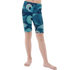 Waves Ocean Sea Abstract Whimsical Abstract Art Kids  Mid Length Swim Shorts by Cowasu