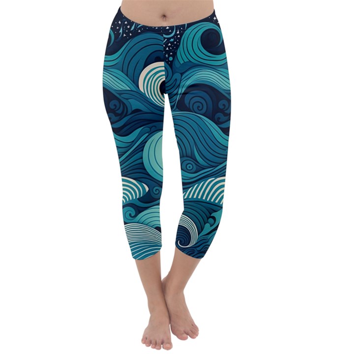 Waves Ocean Sea Abstract Whimsical Abstract Art Capri Winter Leggings 