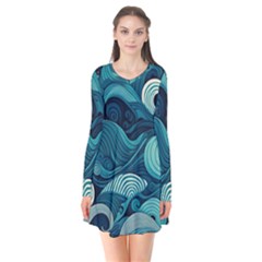 Waves Ocean Sea Abstract Whimsical Abstract Art Long Sleeve V-neck Flare Dress by Cowasu