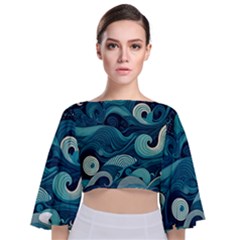 Waves Ocean Sea Abstract Whimsical Abstract Art Tie Back Butterfly Sleeve Chiffon Top by Cowasu