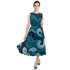 Waves Ocean Sea Abstract Whimsical Abstract Art Round Neck Boho Dress by Cowasu