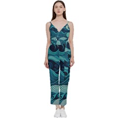 Waves Ocean Sea Abstract Whimsical Abstract Art V-neck Spaghetti Strap Tie Front Jumpsuit by Cowasu