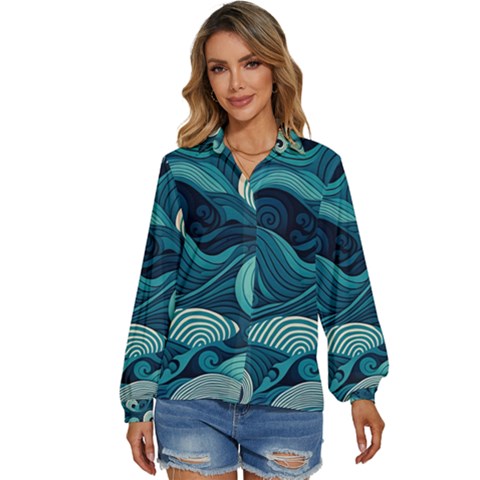 Waves Ocean Sea Abstract Whimsical Abstract Art Women s Long Sleeve Button Up Shirt by Cowasu