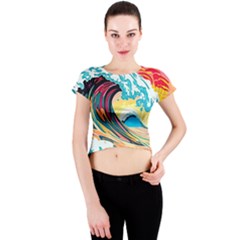 Ai Generated Waves Ocean Sea Tsunami Nautical Blue Sea (2) Crew Neck Crop Top by Cowasu