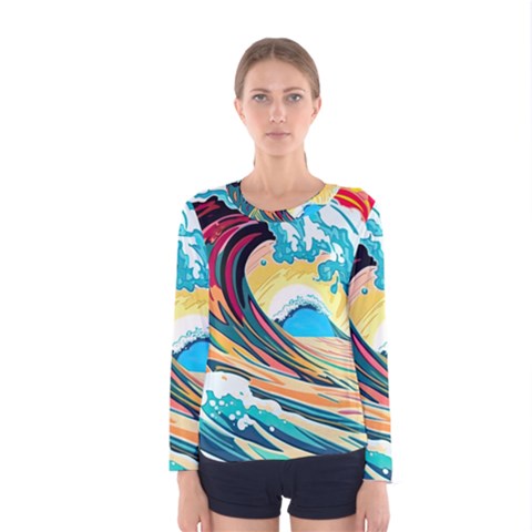 Ai Generated Waves Ocean Sea Tsunami Nautical Blue Sea (2) Women s Long Sleeve Tee by Cowasu