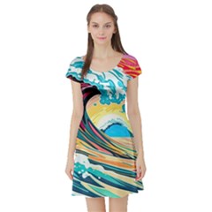 Ai Generated Waves Ocean Sea Tsunami Nautical Blue Sea (2) Short Sleeve Skater Dress by Cowasu