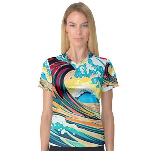 Ai Generated Waves Ocean Sea Tsunami Nautical Blue Sea (2) V-neck Sport Mesh Tee by Cowasu