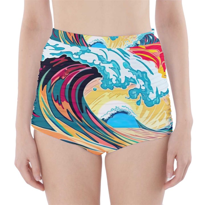 Ai Generated Waves Ocean Sea Tsunami Nautical Blue Sea (2) High-Waisted Bikini Bottoms