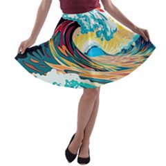 Ai Generated Waves Ocean Sea Tsunami Nautical Blue Sea (2) A-line Skater Skirt by Cowasu